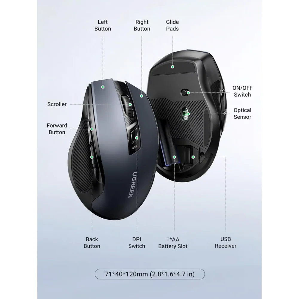 UGREEN 4000DPI 2.4Ghz Wireless Ergonomic Mouse (90855) - Image 5